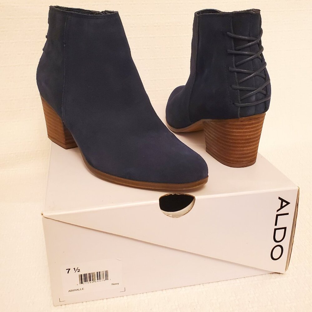 ALDO Abiralle Womens Navy Blue Suede Ankle Booties Stacked Block Heel - 7.5